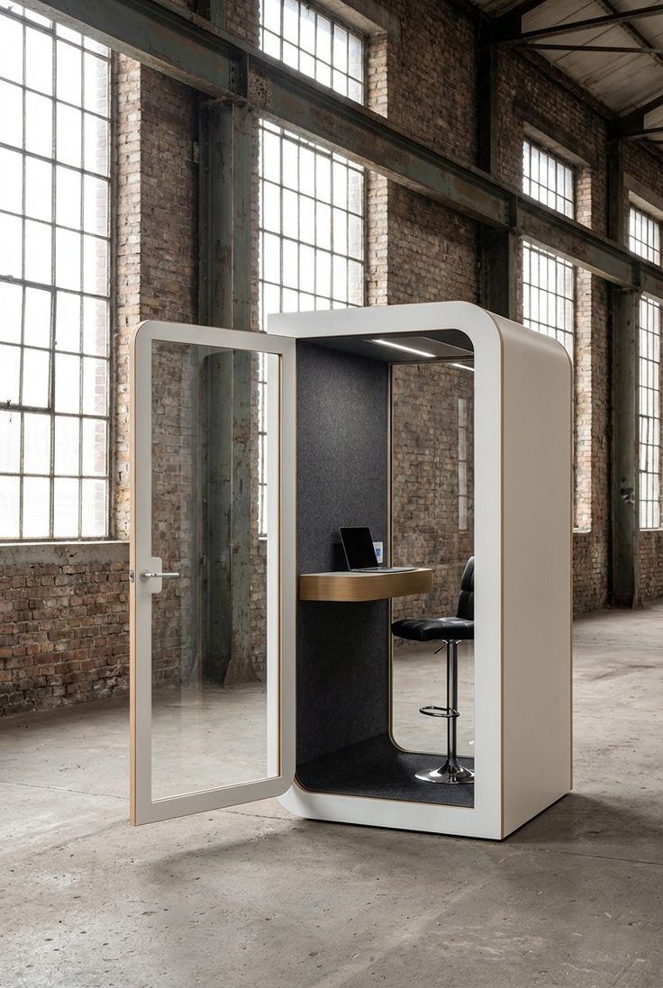 Bílá kabina SilentBox v loftovém prostoru